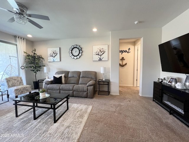 27636 W Runion Dr, Buckeye, AZ 85396 - living room with carpet, a ceiling fan, baseboards, and recessed lighting