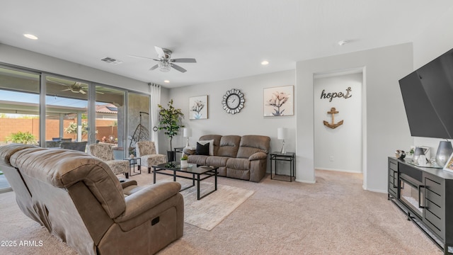 27636 W Runion Dr, Buckeye, AZ 85396 - living area featuring a ceiling fan, light colored carpet, baseboards, and recessed lighting