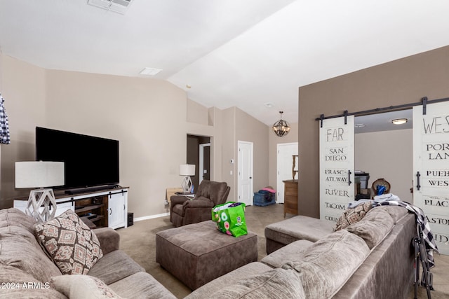 living room with a barn door, light colored carpet, and lofted ceiling