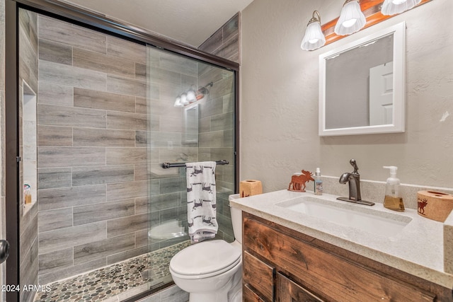 bathroom featuring a shower with door, vanity with extensive cabinet space, and toilet