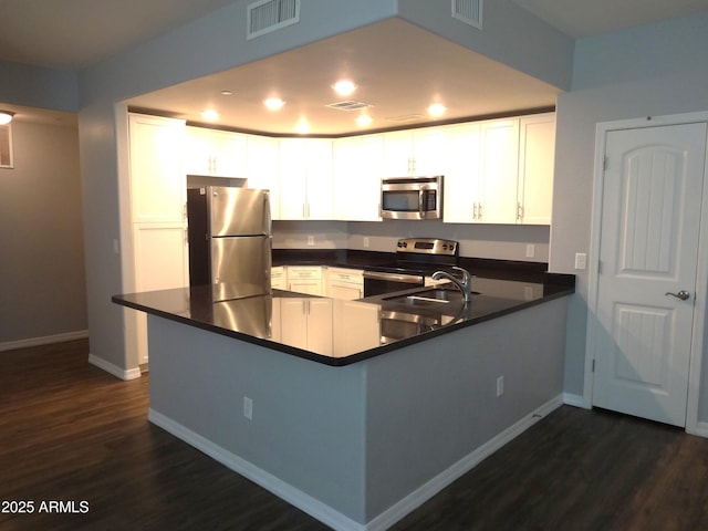 kitchen featuring white cabinetry, sink, stainless steel appliances, dark hardwood / wood-style floors, and kitchen peninsula