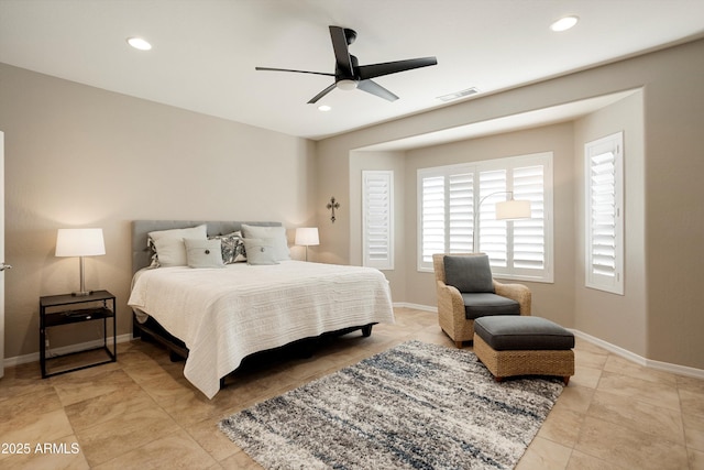 bedroom featuring baseboards, visible vents, and recessed lighting