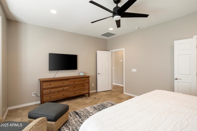 bedroom with baseboards, a ceiling fan, visible vents, and recessed lighting