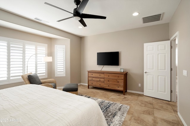 bedroom featuring visible vents, baseboards, and ceiling fan