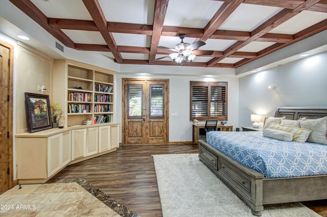 bedroom featuring beamed ceiling, coffered ceiling, dark wood-type flooring, and ceiling fan