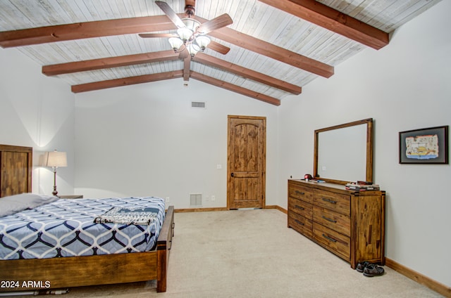 bedroom featuring lofted ceiling with beams, light colored carpet, wooden ceiling, and ceiling fan