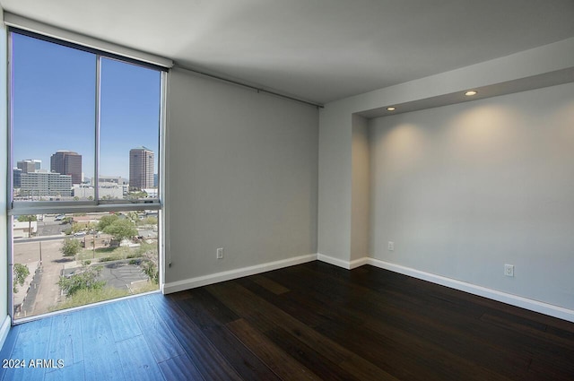 unfurnished room with floor to ceiling windows and dark wood-type flooring