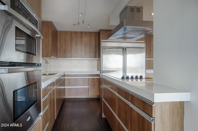 kitchen with backsplash, sink, stainless steel appliances, and range hood