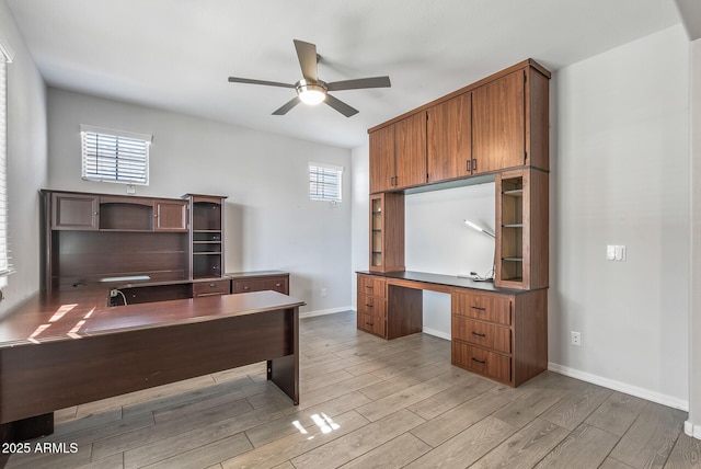 office area featuring ceiling fan and light hardwood / wood-style floors