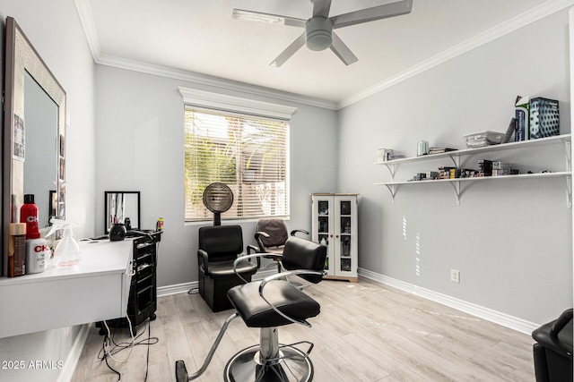 337 E Clairidge Dr, San Tan Valley, AZ 85143 - home office with ceiling fan, ornamental molding, light wood-style flooring, and baseboards