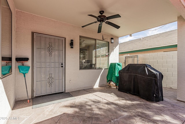 337 E Clairidge Dr, San Tan Valley, AZ 85143 - entrance to property featuring stucco siding, a patio, fence, and ceiling fan