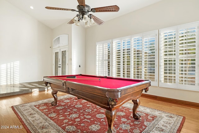 game room with wood-type flooring, french doors, a healthy amount of sunlight, and ceiling fan