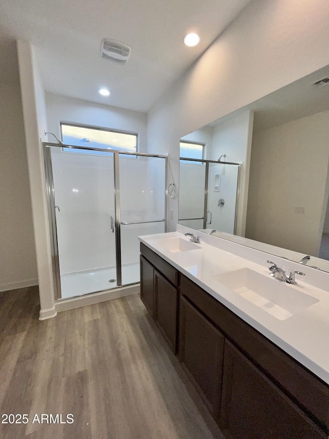 bathroom featuring a sink, double vanity, a shower stall, and wood finished floors