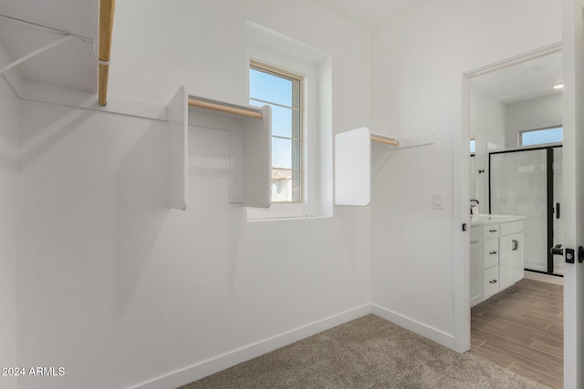 walk in closet with sink and hardwood / wood-style flooring