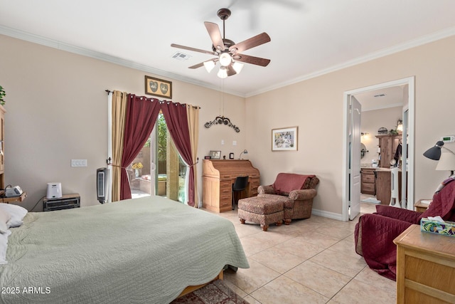 bedroom with access to exterior, visible vents, ornamental molding, and light tile patterned flooring