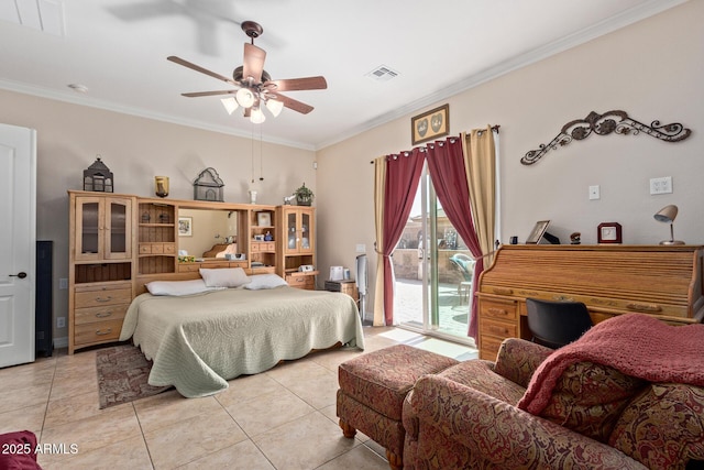 bedroom with light tile patterned floors, access to outside, ornamental molding, and visible vents