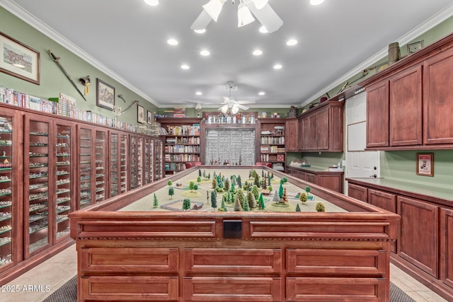 rec room featuring a ceiling fan, recessed lighting, crown molding, and light tile patterned floors