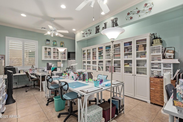 dining space with recessed lighting, ceiling fan, crown molding, and light tile patterned flooring