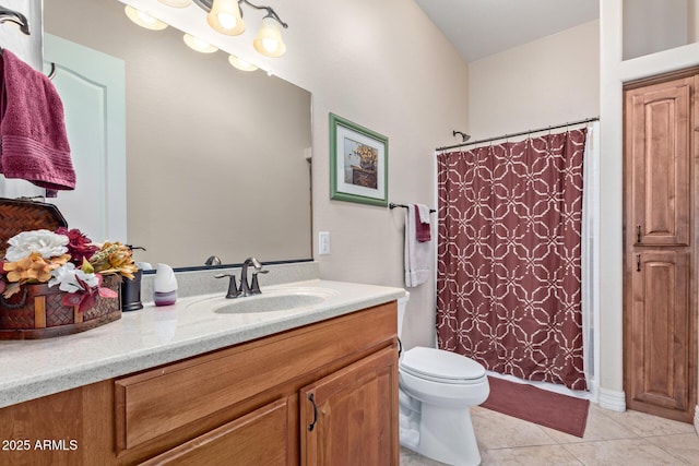 full bath featuring toilet, tile patterned flooring, a shower with shower curtain, and vanity