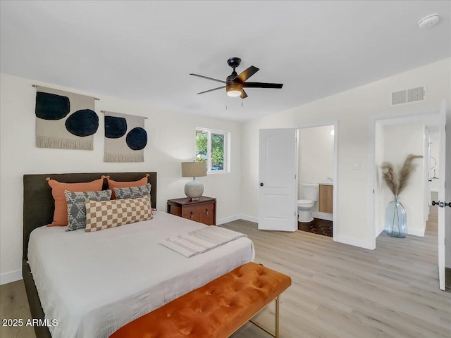 bedroom with a ceiling fan, visible vents, baseboards, light wood-type flooring, and ensuite bath