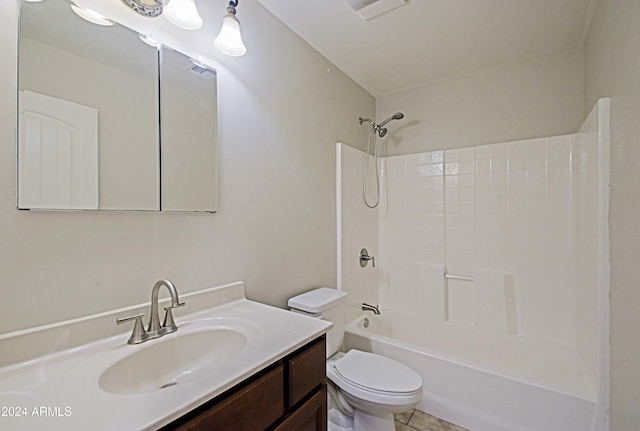 full bathroom featuring vanity, tub / shower combination, and toilet