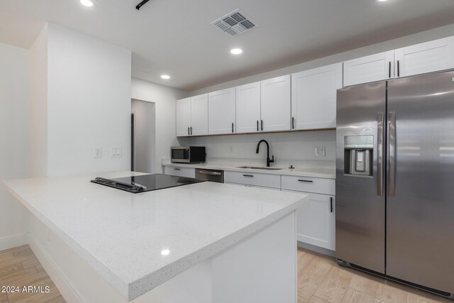 kitchen featuring light hardwood / wood-style flooring, kitchen peninsula, sink, appliances with stainless steel finishes, and white cabinets