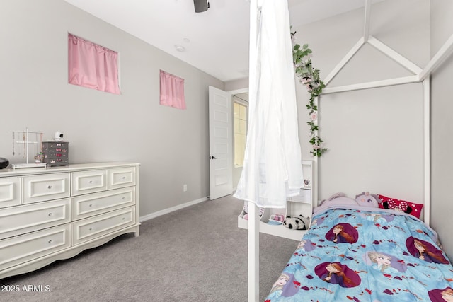 bedroom with light carpet, ceiling fan, and baseboards