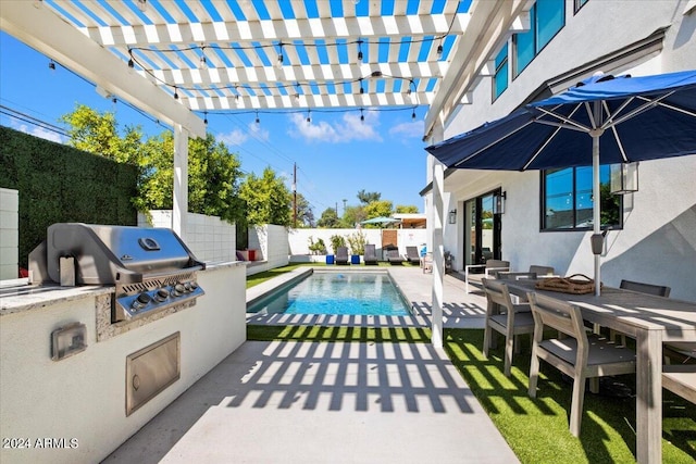 view of pool with a pergola, area for grilling, a grill, and a patio area