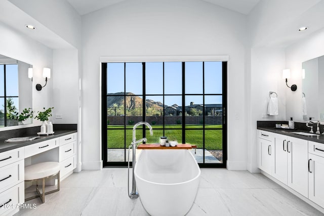 bathroom featuring vanity, a bathing tub, and plenty of natural light