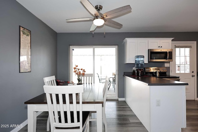 kitchen with white cabinetry, stainless steel appliances, dark hardwood / wood-style floors, and ceiling fan