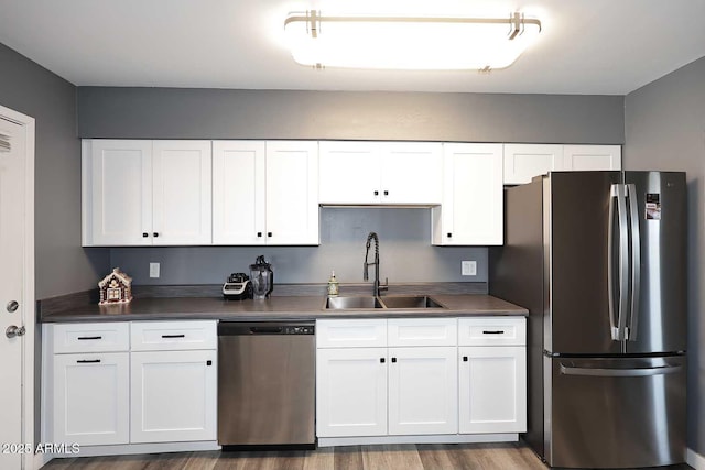 kitchen with white cabinetry, appliances with stainless steel finishes, dark hardwood / wood-style floors, and sink