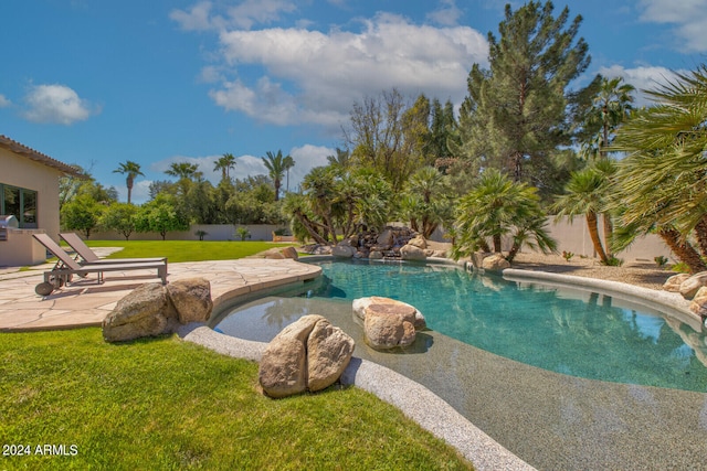 view of pool with a yard and a patio area