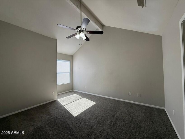 unfurnished room with lofted ceiling with beams, ceiling fan, and dark colored carpet