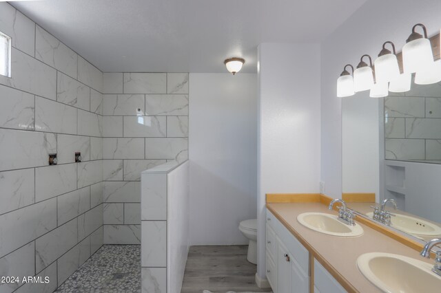 bathroom with vanity, hardwood / wood-style flooring, and toilet