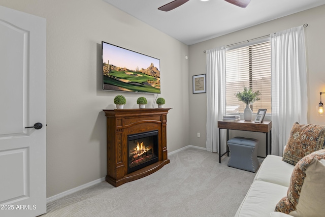 6213 W Gambit Trl, Phoenix, AZ 85083 - living room with carpet floors, a ceiling fan, a glass covered fireplace, and baseboards