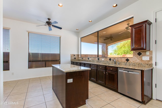 3030 N Saranac, Mesa, AZ 85207 - kitchen featuring dishwasher, a ceiling fan, backsplash, light tile patterned floors, and recessed lighting