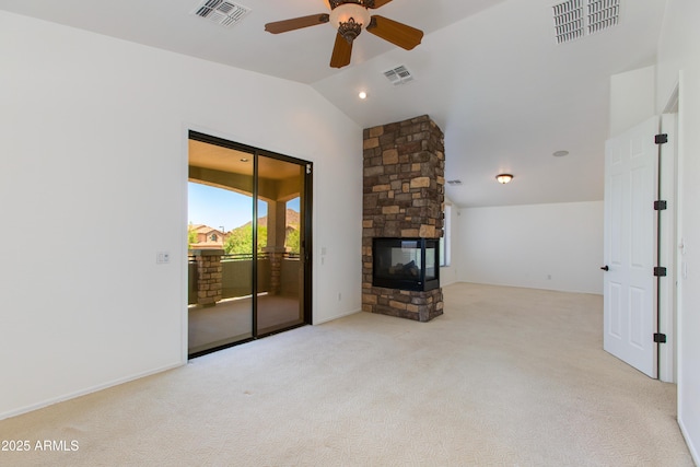 3030 N Saranac, Mesa, AZ 85207 - unfurnished living room featuring vaulted ceiling, a ceiling fan, a fireplace, and carpet floors
