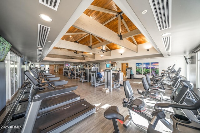 3030 N Saranac, Mesa, AZ 85207 - gym featuring wooden ceiling, wood finished floors, and ceiling fan