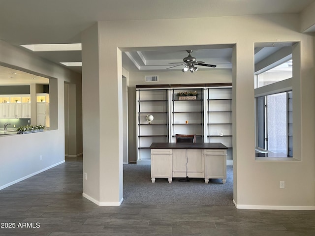 unfurnished office featuring dark wood-type flooring, ceiling fan, plenty of natural light, and sink