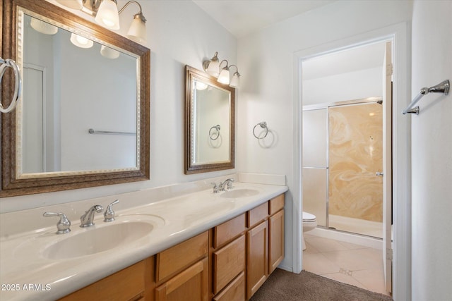 bathroom with double vanity, a stall shower, toilet, and a sink