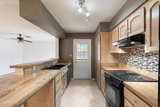 kitchen with wooden counters, a sink, black appliances, under cabinet range hood, and tasteful backsplash