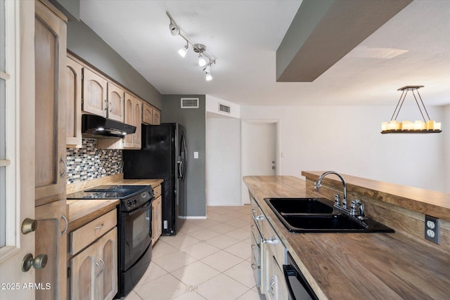 kitchen with butcher block counters, black / electric stove, under cabinet range hood, and a sink