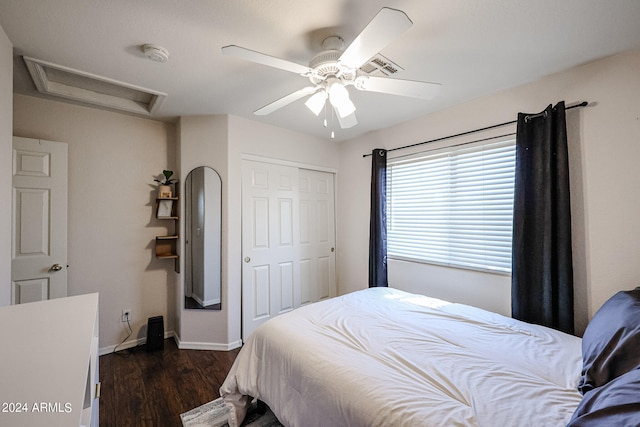 bedroom featuring a closet, ceiling fan, and dark hardwood / wood-style flooring