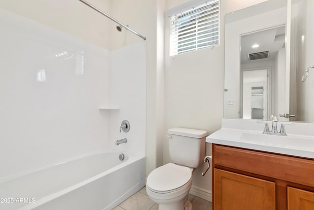 full bath with tile patterned flooring, visible vents, toilet, vanity, and  shower combination