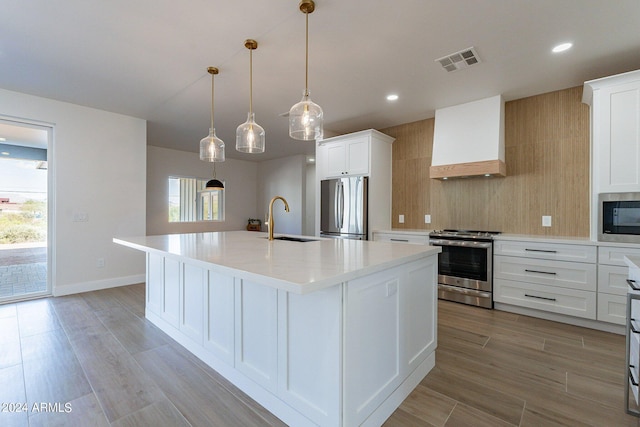 3909 S Veronica Ln, Gold Canyon, AZ 85118 - kitchen featuring custom exhaust hood, visible vents, a sink, appliances with stainless steel finishes, and decorative backsplash
