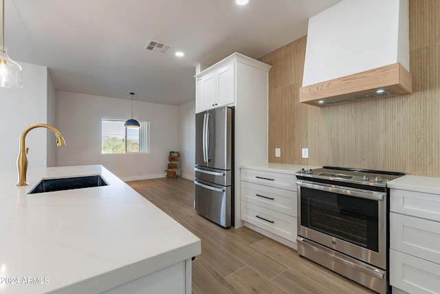3909 S Veronica Ln, Gold Canyon, AZ 85118 - kitchen featuring custom exhaust hood, visible vents, a sink, light countertops, and appliances with stainless steel finishes