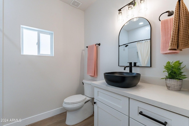 3909 S Veronica Ln, Gold Canyon, AZ 85118 - bathroom featuring vanity, baseboards, toilet, visible vents, and wood finished floors