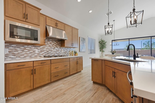 kitchen featuring sink, hanging light fixtures, stainless steel appliances, light hardwood / wood-style floors, and vaulted ceiling