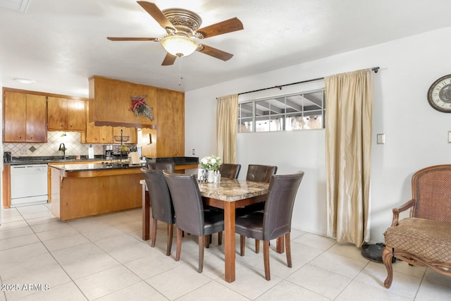 dining space with ceiling fan and sink