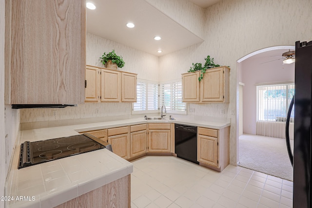 kitchen with light brown cabinetry, sink, plenty of natural light, and black appliances